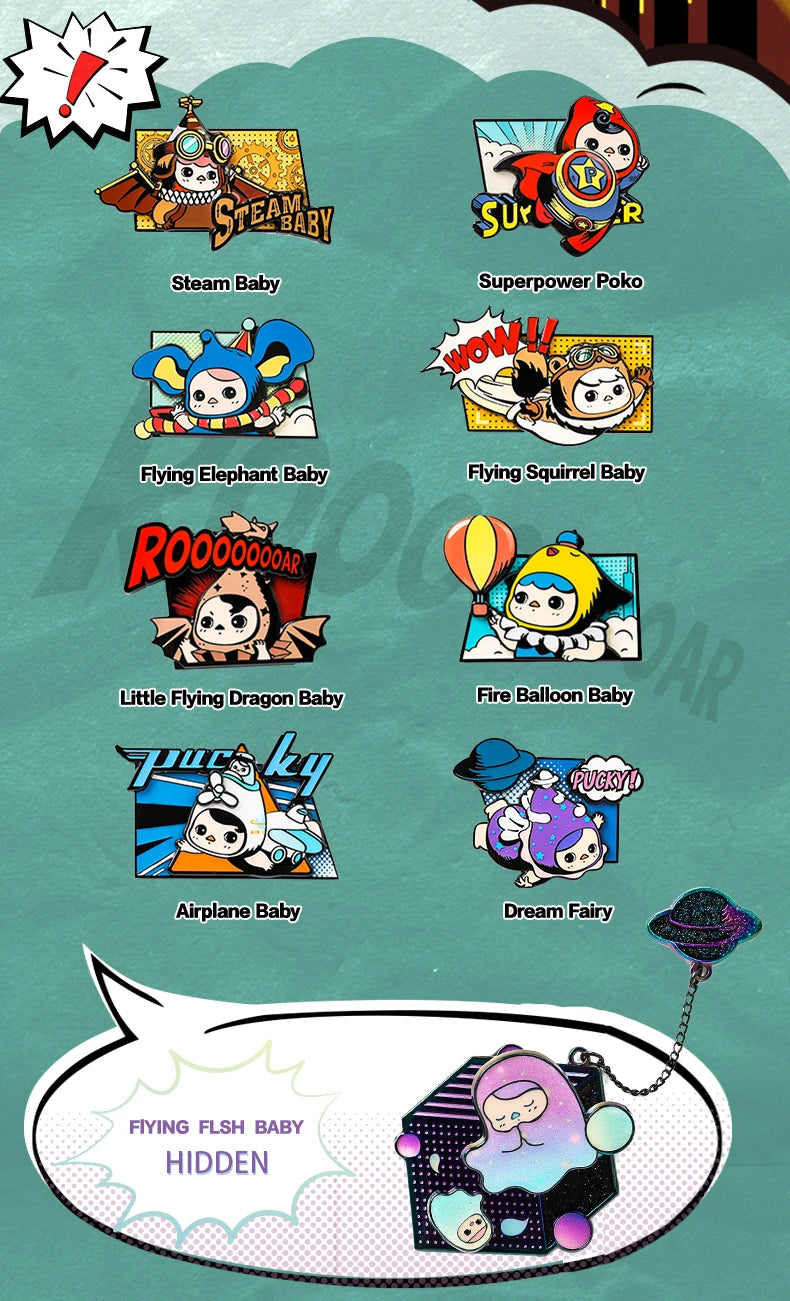 POP MART Pucky Flying Babies Series Badge Collectible Cute Action Kawaii animal toy figures free shipping