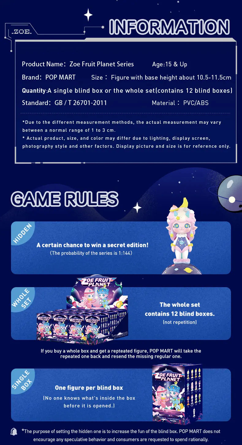 POP MART Zoe Fruit Planet Series Random Blind Box Toys Figure Collectable Cute Kid Kawaii Figure ActionToy