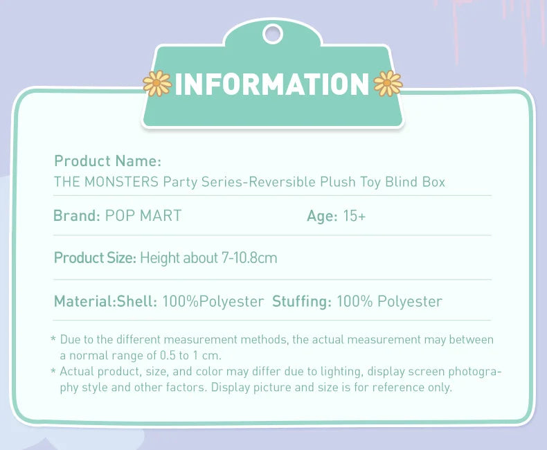 POP MART THE MONSTERS Party Series - Reversible Plush Mystery Box 1PC/6PCS POPMART Blind Box Limited to 2pcs/sets per order