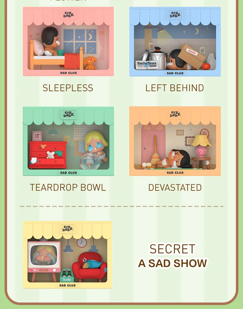 POP MART CRYBABY Sad Club Series Scene Sets by Molly 1PC/8PCS POPMART Blind Box Anime Action Figure Cute Figurine Cry Baby