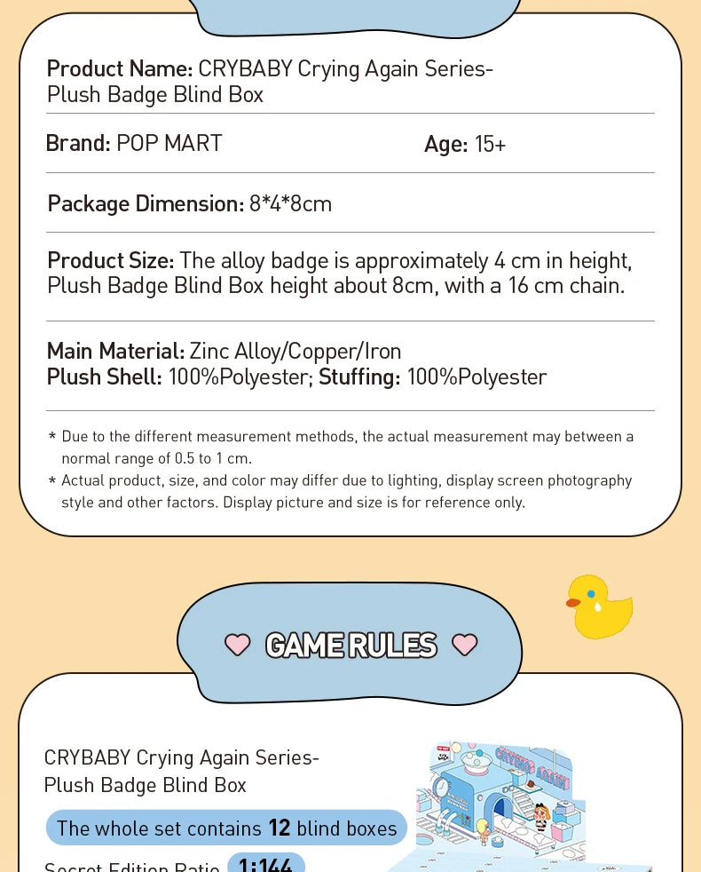 POP MART CRYBABY Crying Again Series - Plush Badge Blind Box 1PC/12PCS POPMART Bind Box