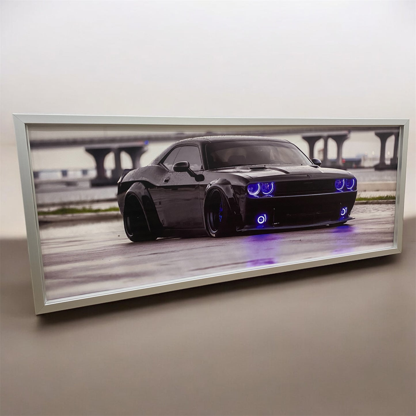 Framed Wall Art – Black Dodge Challenger with Neon Lights 70x140cm