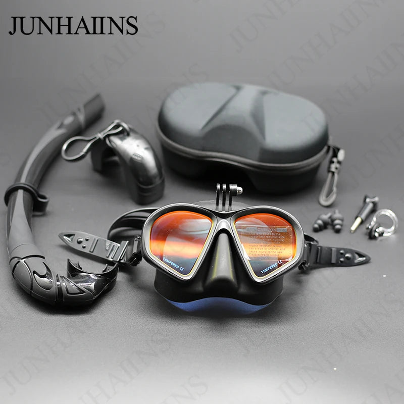 Low Volume Diving Mask J-type Wet Go-pro MountTempered Glass Freedive Mask Diving Mask Snorkel Set with Camera Mount Black 프리다이빙
