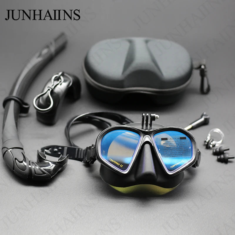 Low Volume Diving Mask J-type Wet Go-pro MountTempered Glass Freedive Mask Diving Mask Snorkel Set with Camera Mount Black 프리다이빙