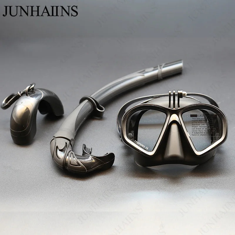 Low Volume Diving Mask J-type Wet Go-pro MountTempered Glass Freedive Mask Diving Mask Snorkel Set with Camera Mount Black 프리다이빙