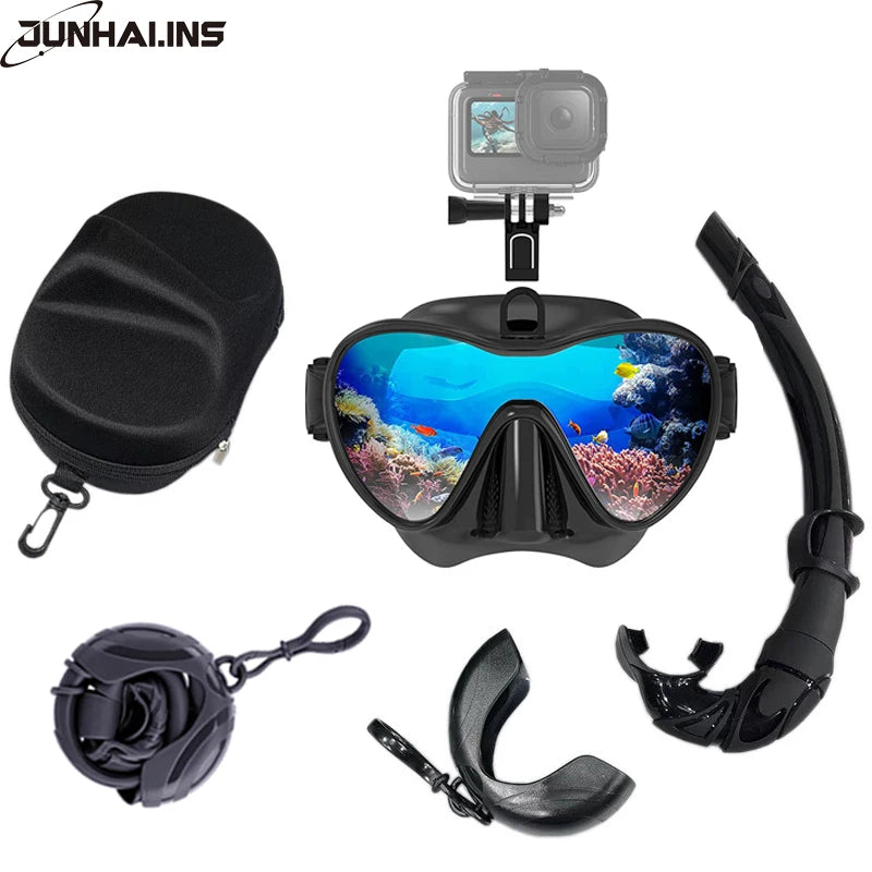 Low Volume Diving Mask J-type Wet Go-pro MountTempered Glass Freedive Mask Diving Mask Snorkel Set with Camera Mount Black 프리다이빙