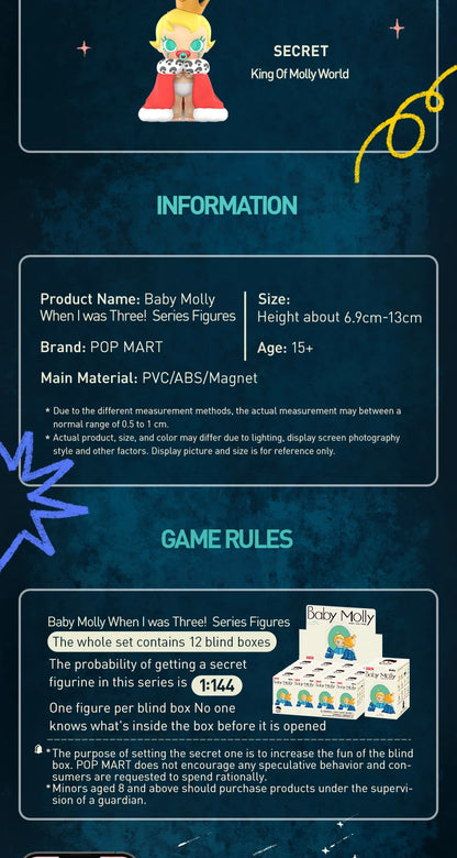 POP MART Baby Molly When I was Three! Series Mystery Box by Kenny Wong 1PC/12PCS POPMART Blind Box Action Figure Cute Toy