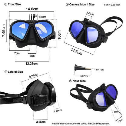 Low Volume Diving Mask J-type Wet Go-pro MountTempered Glass Freedive Mask Diving Mask Snorkel Set with Camera Mount Black 프리다이빙