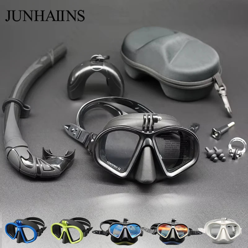 Low Volume Diving Mask J-type Wet Go-pro MountTempered Glass Freedive Mask Diving Mask Snorkel Set with Camera Mount Black 프리다이빙