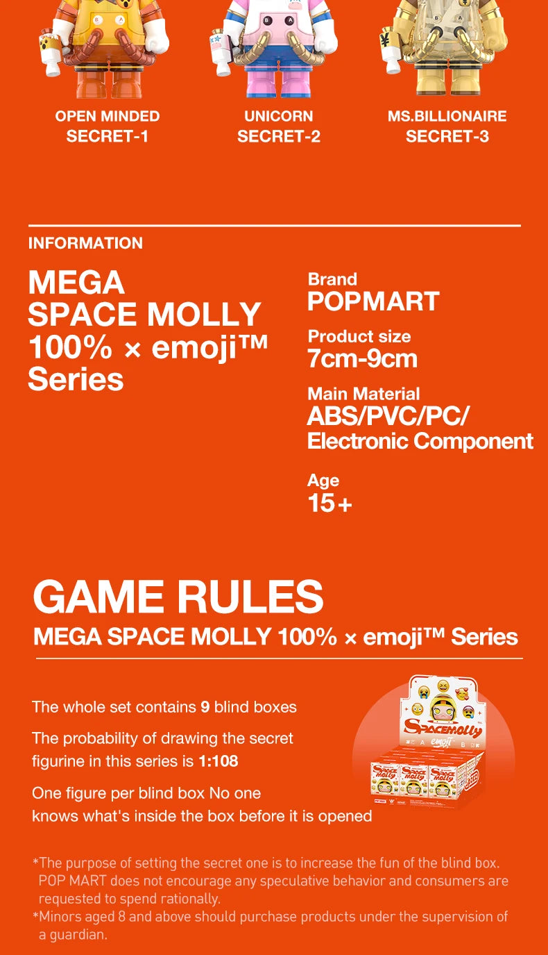 POP MART MEGA SPACE MOLLY 100% × emoji Series 1PC/9PCS POPMART Blind Box Action Figure Cute Toy