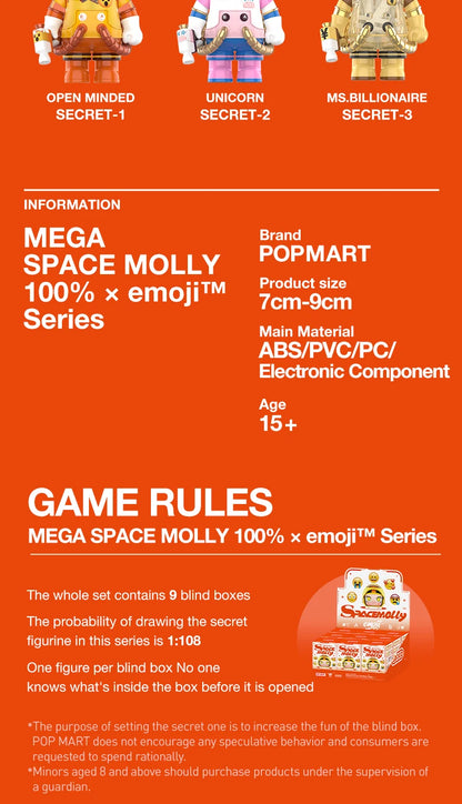 POP MART MEGA SPACE MOLLY 100% × emoji Series 1PC/9PCS POPMART Blind Box Action Figure Cute Toy