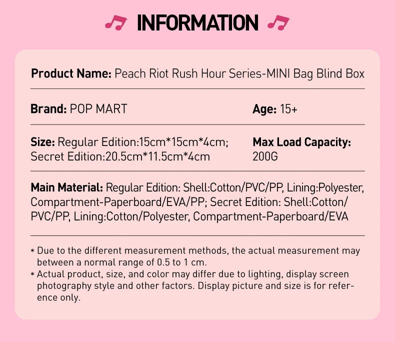 POP MART Peach Riot Rush Hour Series -Mini Bag Blind Box Mystery Box 1PC/6PCS POP MART Blind Box Action Figure Cute Toy